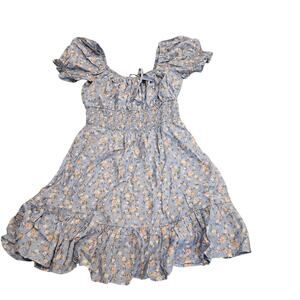 Hesperus Blue Floral Smocked Puff Sleeve Mini Dress Women’s Medium Lined